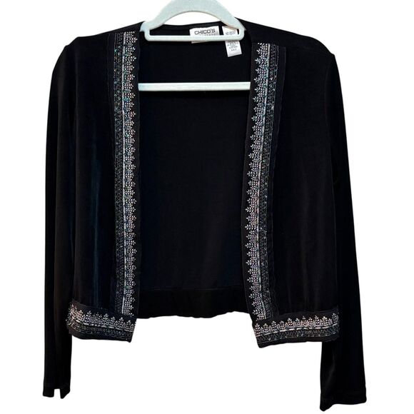 Chico's Travelers Cardigan Womens Sz S Black Open Front Embroidered Sequin Top - Picture 2 of 7
